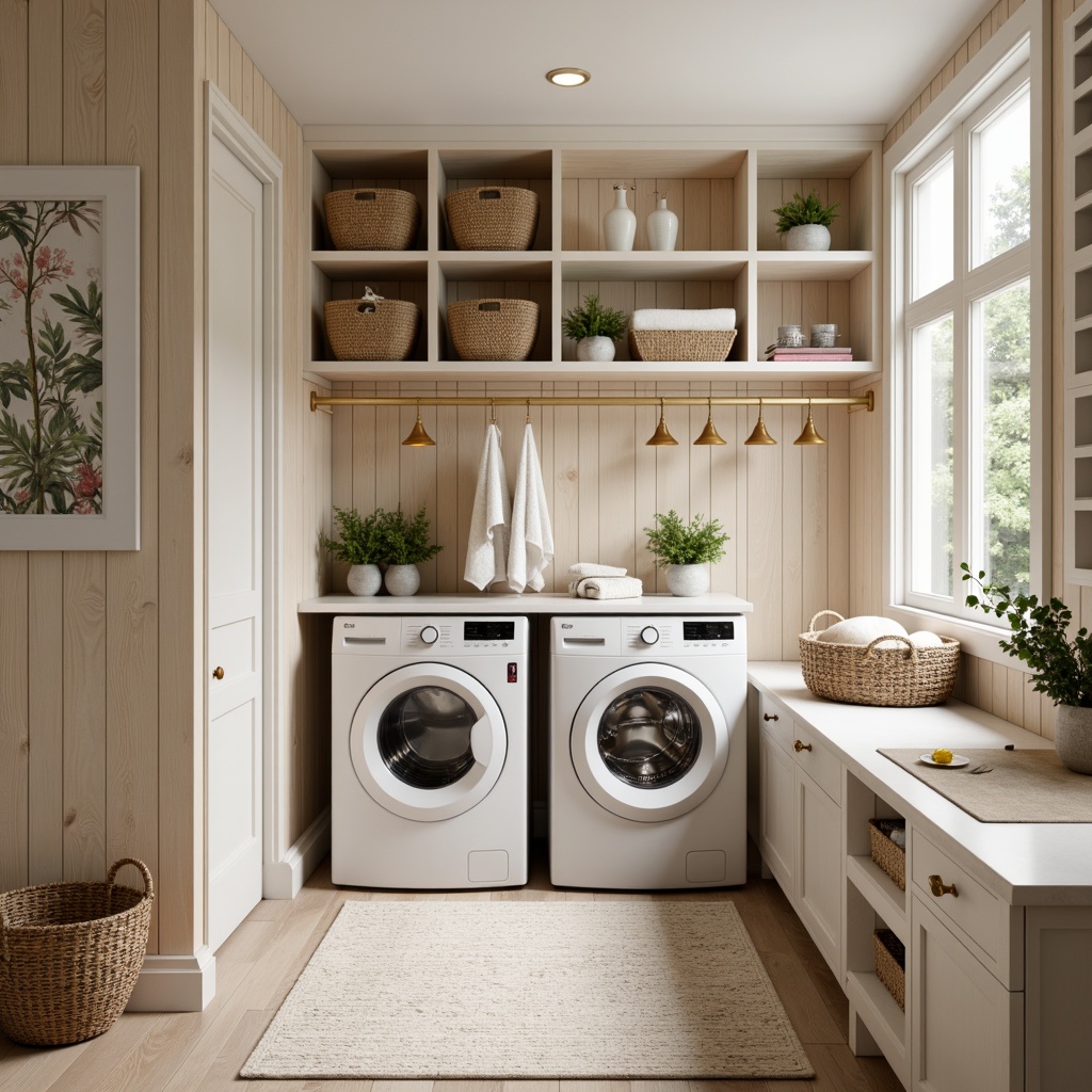 Prompt: Cozy laundry room, natural light, wooden accents, woven baskets, soft pastel colors, minimalistic Scandinavian design, clean lines, functional storage, modern washing machines, built-in dryers, sleek countertops, warm beige tones, textured throw blankets, patterned rugs, linen closet organizers, woven seagrass wallcoverings, subtle Nordic-inspired prints, calming atmosphere, warm white lighting, shallow depth of field, 1/1 composition.