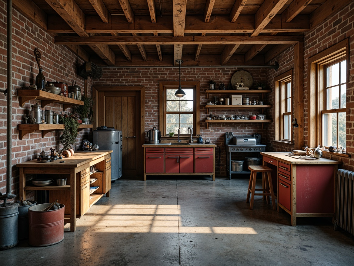 Prompt: Rustic garage interior, industrial metal tools, wooden workbenches, vintage car models, distressed brick walls, concrete floors, warm earthy tones, rich wood accents, deep blues, bold reds, metallic silvers, warm golden lighting, softbox shadows, 1/2 composition, realistic textures, ambient occlusion.