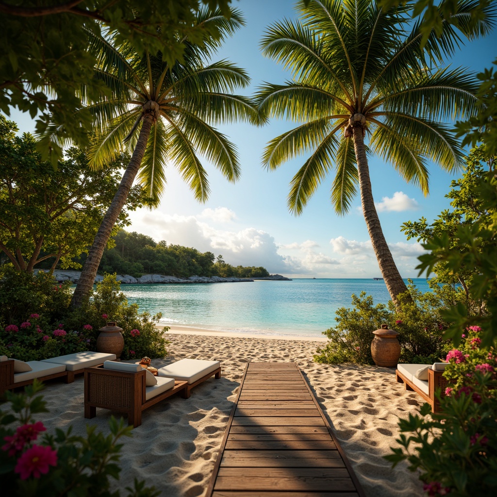 Prompt: Vibrant tropical island, lush green foliage, exotic flowers, warm sandy beach, crystal-clear turquoise water, rustic wooden docks, natural woven fibers, rattan furniture, colorful tiki torches, soft warm glow, golden hour lighting, shallow depth of field, 1/2 composition, realistic textures, ambient occlusion, warm color temperature, high contrast ratio, subtle lens flares.