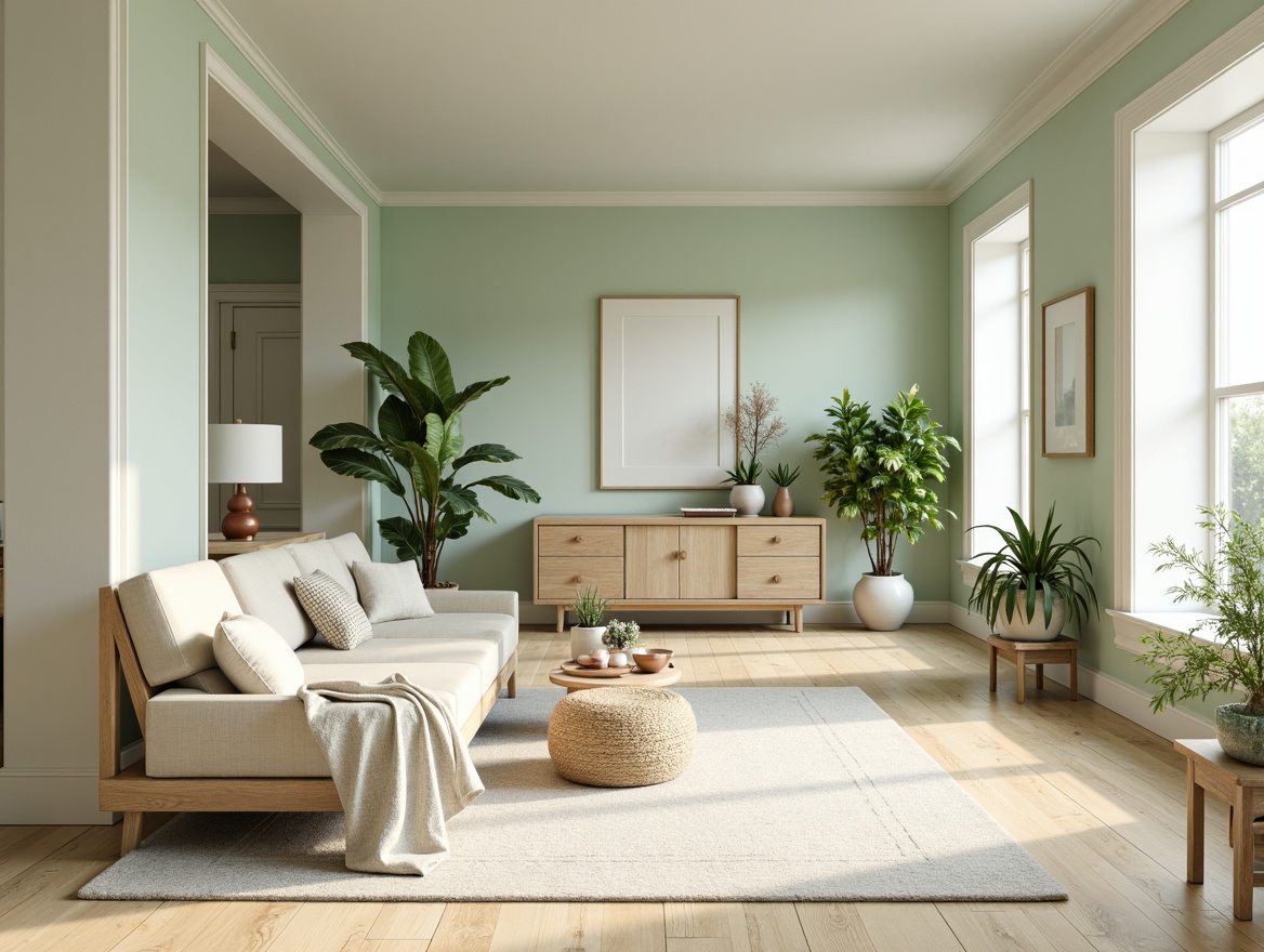 Prompt: Soft mint walls, creamy white trim, warm beige floors, pastel green accents, rose gold decorative fixtures, natural linen upholstery, subtle texture contrasts, airy open spaces, abundant natural light, gentle morning ambience, 1/1 composition, soft focus, calming atmosphere, serene ambiance.