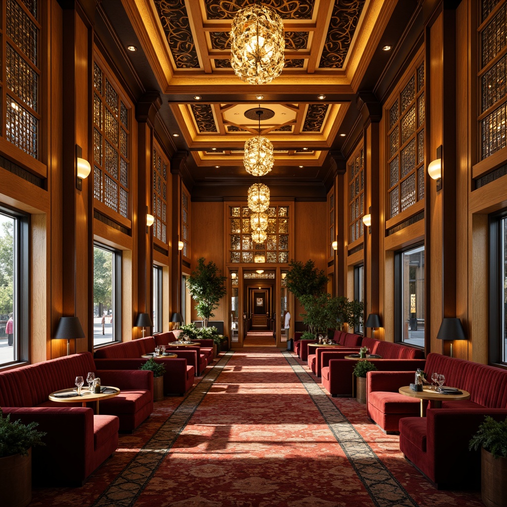 Prompt: Luxurious Art Deco interior, ornate geometric patterns, metallic accents, rich wood tones, velvet upholstery, curved lines, opulent chandeliers, lavish furnishings, elegant seating arrangement, symmetrical composition, warm golden lighting, soft focus blur, 1/1 aspect ratio, detailed textures, realistic reflections.