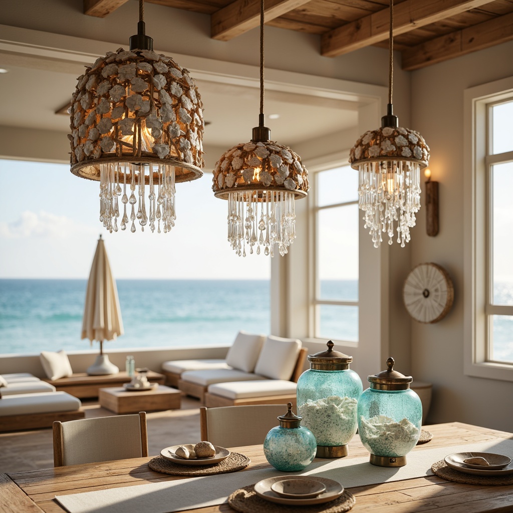 Prompt: Warm beachy ambiance, soft ocean breeze, seashell chandeliers, driftwood pendant lights, nautical rope details, glass lanterns with sea salt textures, weathered wood accents, coral-inspired sconces, shimmering crystal prisms, ocean-blue glass shades, natural linen lampshades, distressed metal fixtures, sunny day, warm white lighting, soft focus, 1/1 composition, realistic reflection, subtle ambient occlusion.