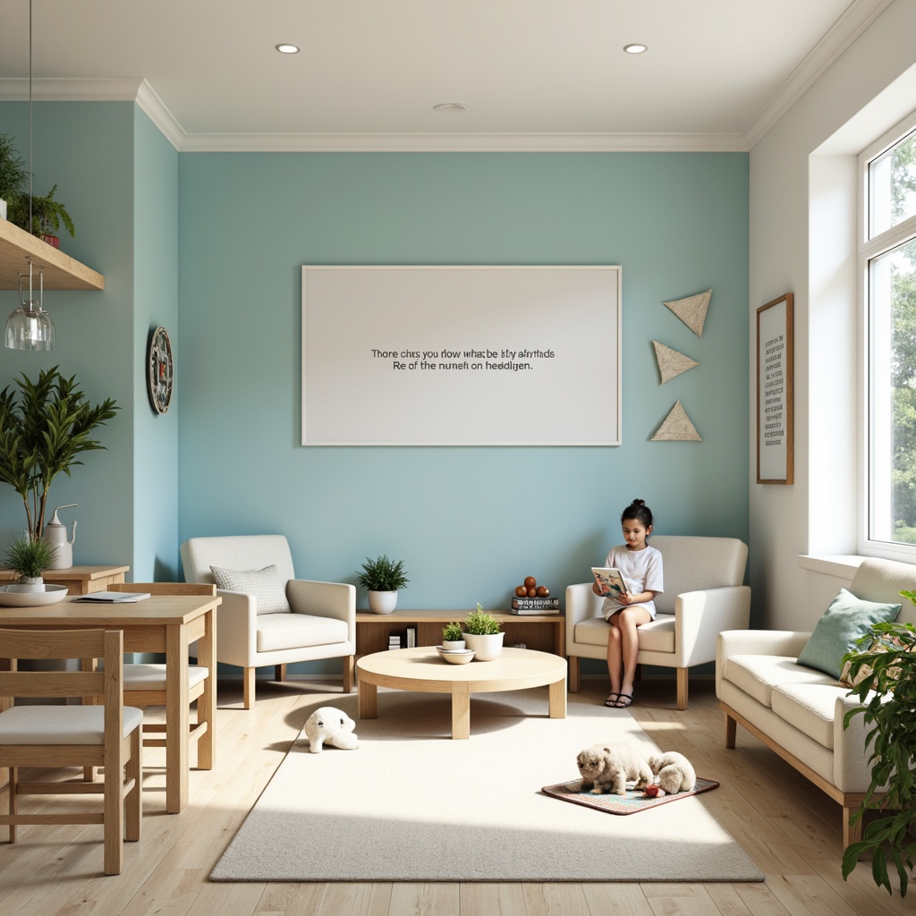 Prompt: Soft baby blue accent walls, creamy white furniture, natural wood tones, calming greenery, playful geometric patterns, educational signage, inspirational quotes, cozy reading nooks, ergonomic chairs, wooden desks, softbox lighting, warm beige floors, modern minimalist decor, airy open spaces, gentle color transitions, 1/1 composition, subtle textures, ambient occlusion.