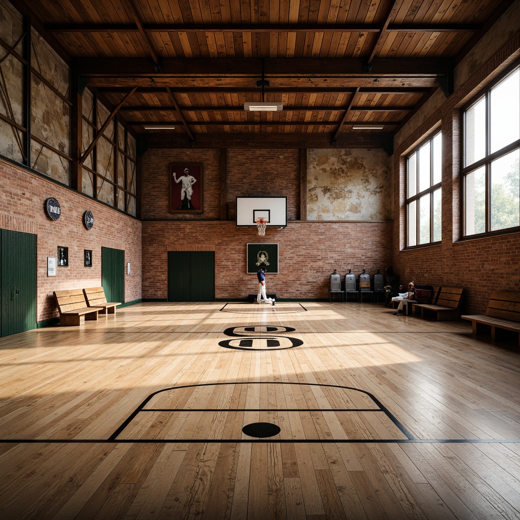 Prompt: Rustic gymnasium interior, wooden flooring, distressed planks, vintage basketball court markings, exposed brick walls, industrial metal beams, natural stone accents, reclaimed wood benches, nostalgic sports memorabilia, warm atmospheric lighting, shallow depth of field, 2/3 composition, realistic textures, ambient occlusion.