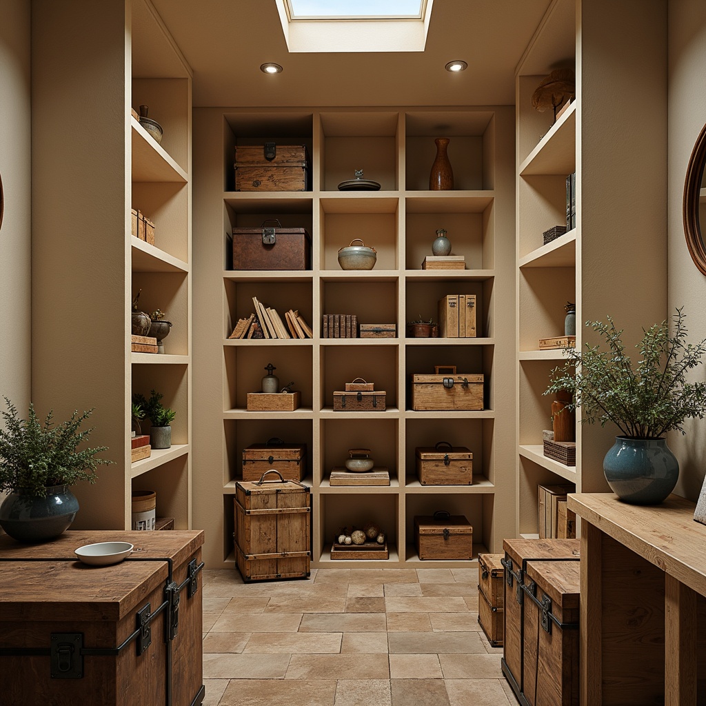 Prompt: Cozy storage room, warm beige walls, soft cream-colored shelves, rustic wooden crates, industrial metal racks, vintage luggage trunks, earthy brown floors, natural stone accents, calming blue undertones, subtle texture contrasts, warm ambient lighting, shallow depth of field, 1/1 composition, realistic render, atmospheric occlusion.