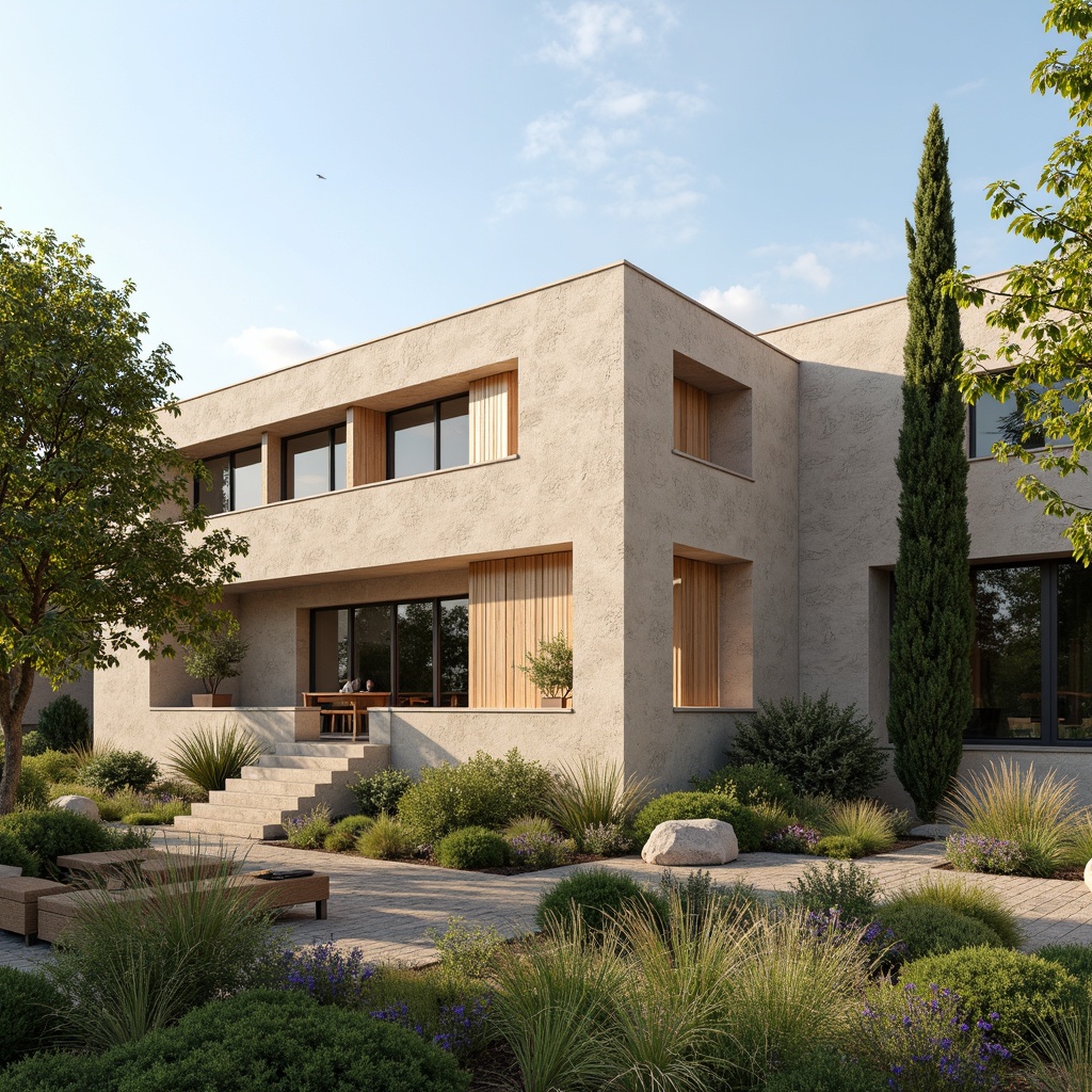 Prompt: Rustic villa, textured walls, earthy tones, natural stone cladding, wooden accents, geometric windows, minimalist ornamentation, clean lines, functional simplicity, Mediterranean landscape, lush greenery, cypress trees, blooming flowers, warm sunny day, soft diffused lighting, 1/1 composition, cinematic view, realistic textures, ambient occlusion.