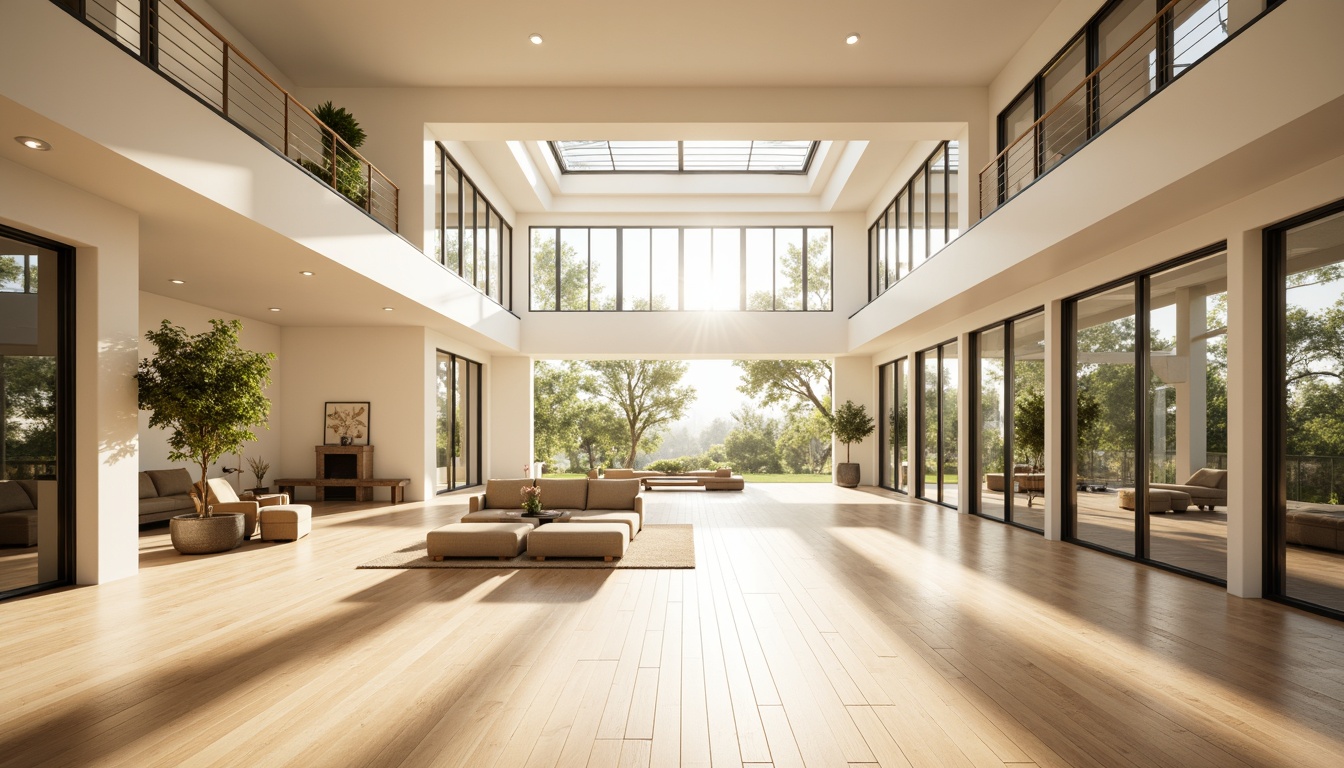 Prompt: Vibrant interior space, abundant natural light, floor-to-ceiling windows, sliding glass doors, clerestory windows, skylights, open floor plan, minimalist decor, reflective surfaces, polished wooden floors, creamy white walls, airy atmosphere, morning sunlight, soft warm glow, shallow depth of field, 1/1 composition, panoramic view, realistic textures, ambient occlusion.