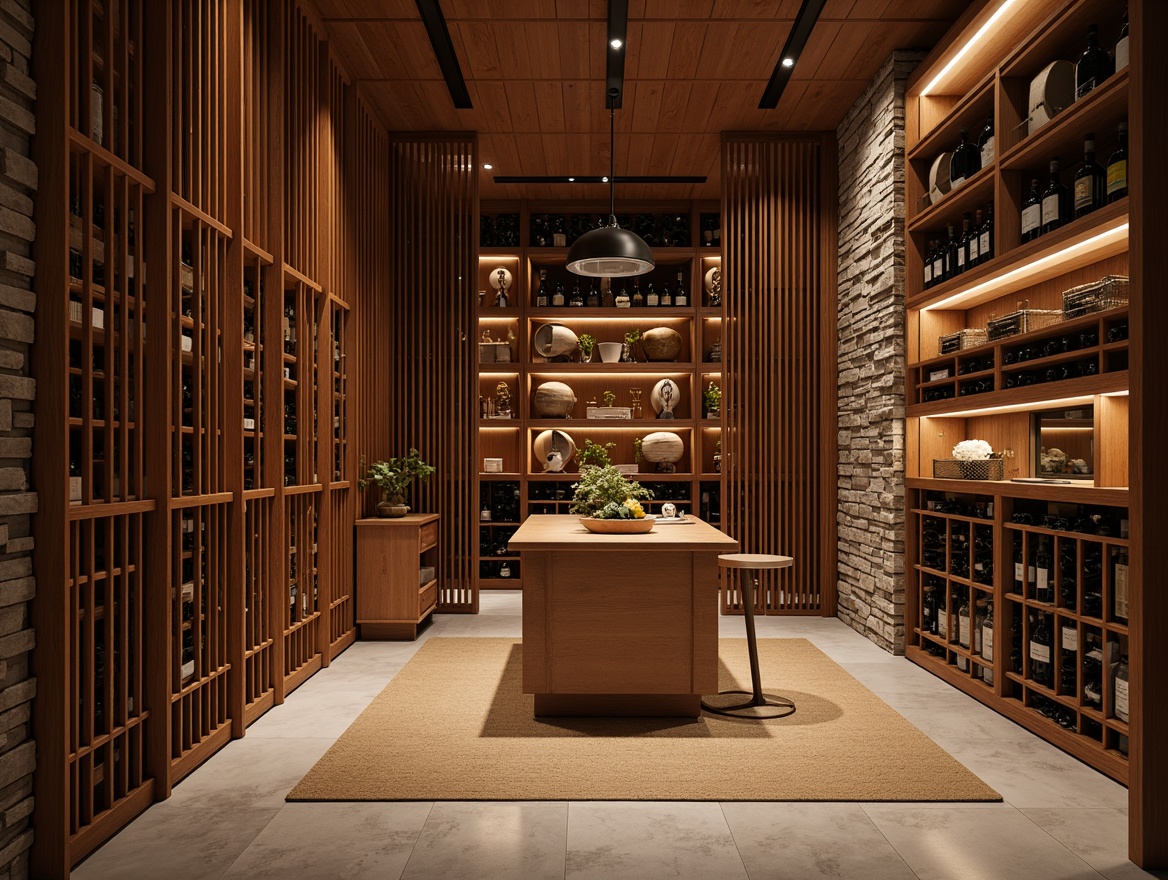 Prompt: Elegant wine cellar, rich wood tones, subtle lighting, ambient temperature control, humidity regulation, floor-to-ceiling shelving, curved wooden racks, glass-enclosed cabinets, LED-lit display shelves, rustic stone walls, Asian-inspired lattice designs, natural fiber textiles, earthy color palette, warm soft glow, shallow depth of field, 1/1 composition, realistic wood textures, ambient occlusion.