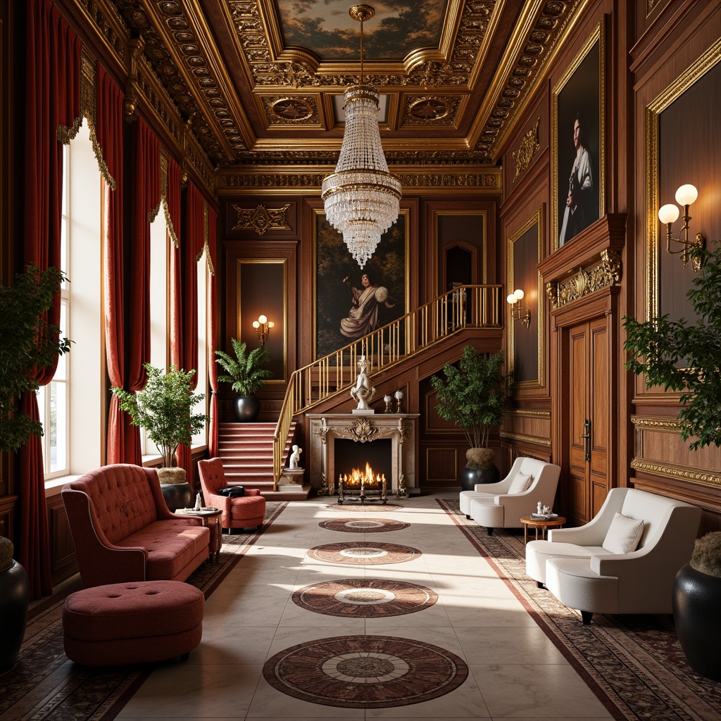 Prompt: Luxurious interior, ornate moldings, intricate carvings, gilded details, lavish furnishings, velvet drapes, crystal chandeliers, marble floors, grand staircase, opulent wallpaper, rich wood tones, regal atmosphere, soft warm lighting, shallow depth of field, 1/2 composition, realistic textures, ambient occlusion.