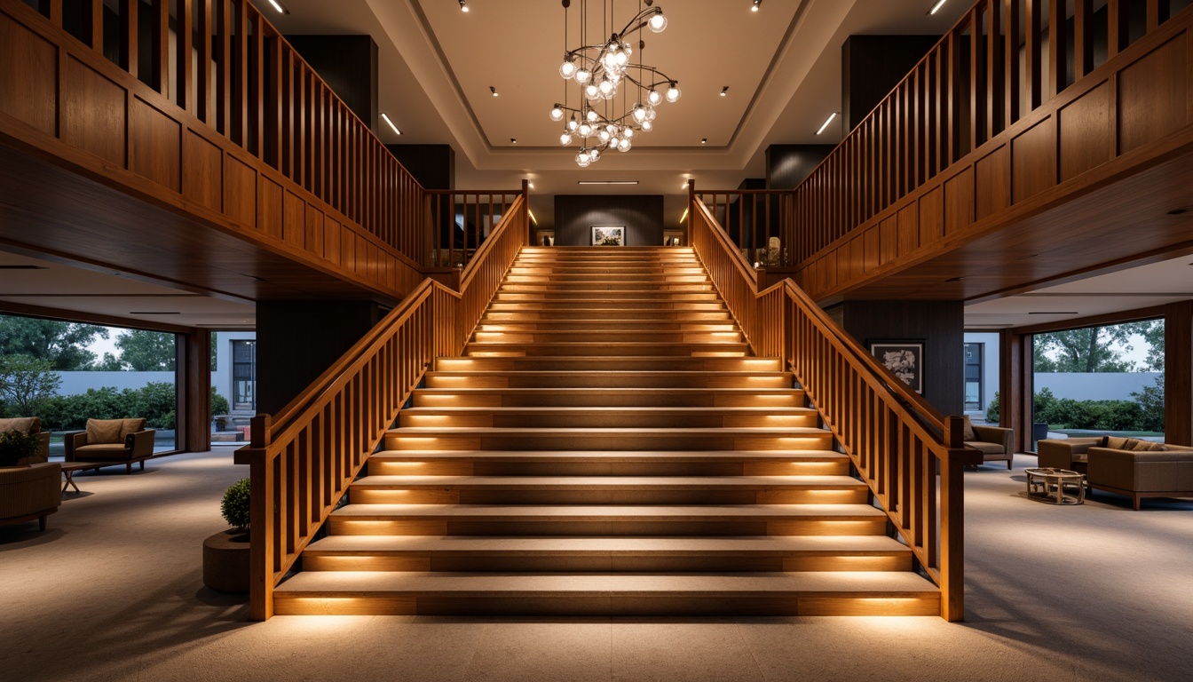 Prompt: Elegant staircase, luxurious banister, polished wood rails, modern LED lighting, warm ambient glow, soft indirect illumination, recessed ceiling lights, minimalist chrome fixtures, futuristic glass pendant lights, floating wooden treads, rich carpeting, spacious landing areas, dramatic high ceilings, sophisticated color schemes, subtle shadow effects, 3-point lighting composition, low-key mood lighting.