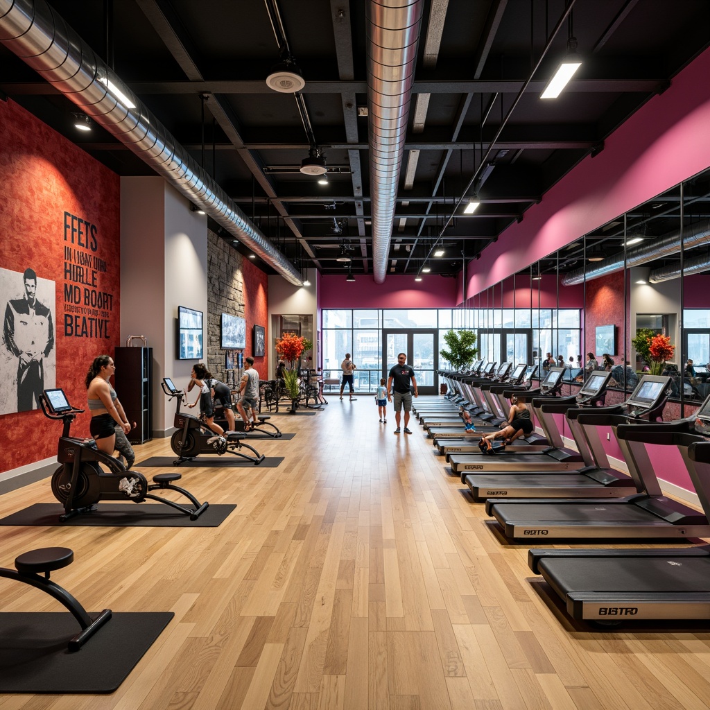 Prompt: Modern fitness club interior, sleek metal equipment, mirrored walls, polished wood flooring, vibrant color accents, energetic atmosphere, dynamic lighting, high ceilings, open spaces, free weights area, treadmill rows, exercise bike stations, yoga mats, punching bags, kickboxing rings, functional training zones, stretching areas, locker rooms, showers, saunas, relaxation lounges, healthy snack bars, minimalist decor, industrial-style ductwork, exposed brick walls, urban loft ambiance, natural stone accents, motivational quotes, energetic background music, shallow depth of field, 1/2 composition, realistic textures.