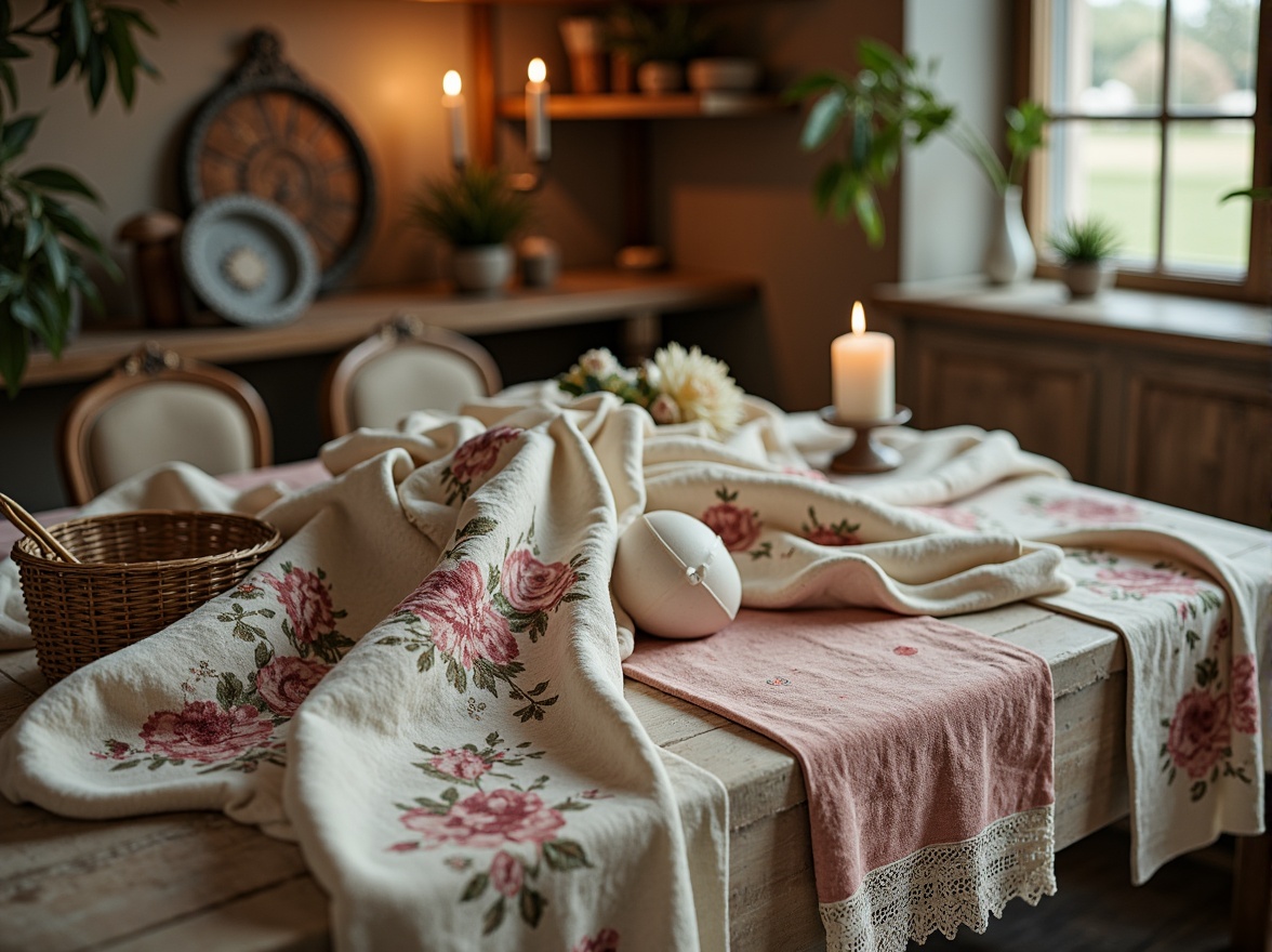 Prompt: Distressed velvet fabrics, soft pastel hues, floral patterns, lace trimmings, linen textures, vintage-inspired embroidery, faded stripes, cotton blends, rustic woven baskets, antique wooden furniture, ornate metal frames, warm candlelight, shallow depth of field, 1/1 composition, romantic atmosphere, realistic fabric simulations.