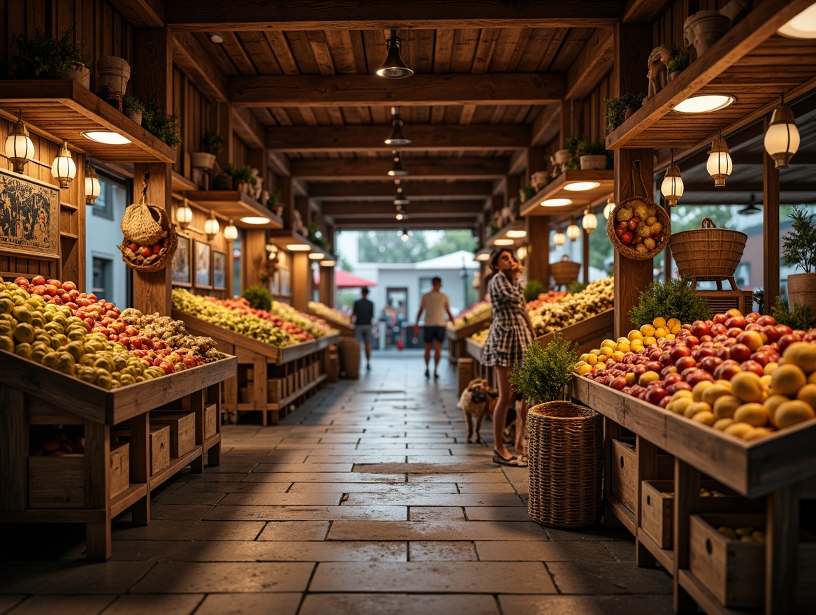 Prompt: Warm market ambiance, rustic wooden stalls, vibrant fruit stands, soft warm lighting, hanging lanterns, pendant lamps, cozy corner seating, woven baskets, distressed metal accents, earthy color palette, natural stone flooring, reclaimed wood walls, eclectic decorative items, bustling atmosphere, shallow depth of field, 1/1 composition, realistic textures, ambient occlusion.