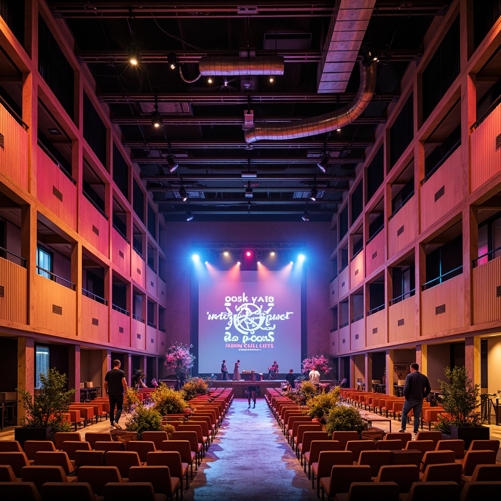 Prompt: Vibrant concert hall, geometric patterns, primary color scheme, industrial metal beams, exposed ductwork, minimalist decor, functional lighting, abstract artwork, avant-garde sculptures, bold typography, rhythmic textiles, woven fabric walls, futuristic sound systems, sleek wooden floors, ergonomic seating, urban cityscape views, dramatic spotlights, high-contrast photography, 1/1 composition, moody atmosphere, experimental music performances.