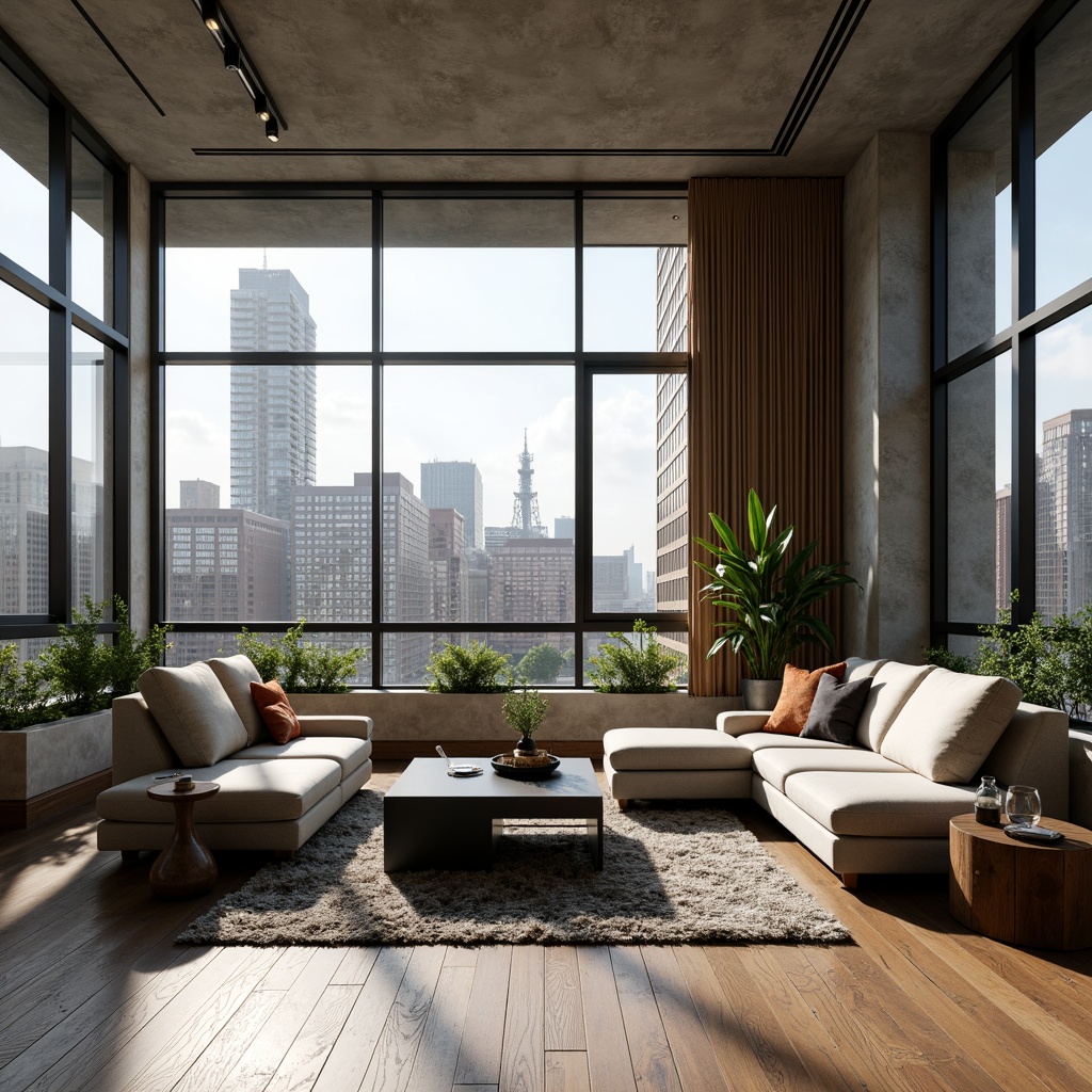 Prompt: Modern living room, spacious open-plan layout, comfortable sofas, minimalist coffee tables, floor-to-ceiling windows, natural light pouring in, urban cityscape views, sleek wooden flooring, matte black accents, textured rugs, industrial-chic lighting fixtures, greenery-filled planters, functional storage units, ergonomic furniture design, 1/2 composition, warm color palette, softbox lighting, subtle shadows, realistic textures.