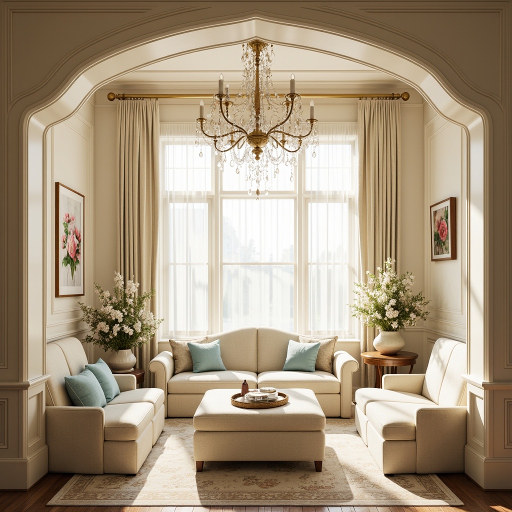 Prompt: Soft warm glow, creamy whites, gentle candelabras, ornate metal chandeliers, delicate flower patterns, intricate moldings, pale blue accents, creamy wood furnishings, tufted upholstery, rich velvets, subtle sparkle, morning sunlight, indirect lighting, 1/1 composition, romantic ambiance, elegant simplicity.