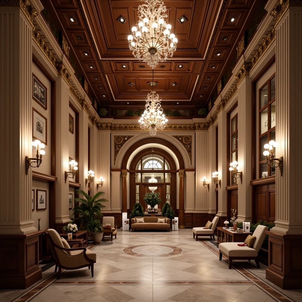 Prompt: Elegant bank interior, neoclassical columns, ornate capitals, marble flooring, rich wood paneling, intricate moldings, grand chandeliers, luxurious furnishings, sophisticated color palette, ambient warm lighting, shallow depth of field, 3/4 composition, symmetrical layout, imposing archways, decorative metalwork, refined textures, subtle shading.