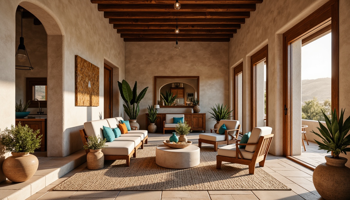 Prompt: Southwestern adobe architecture, warm earthy tones, natural stone walls, rustic wooden beams, vibrant turquoise accents, woven textiles, hand-carved furniture, desert botanicals, succulent arrangements, earthenware pottery, Navajo-inspired patterns, soft warm lighting, shallow depth of field, 3/4 composition, panoramic view, realistic textures, ambient occlusion.