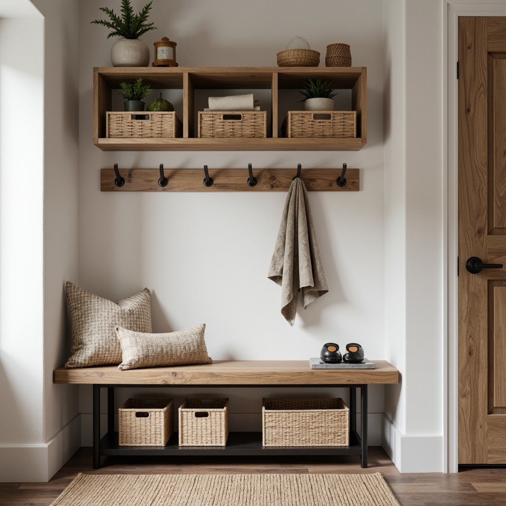 Prompt: Simple mudroom bench, industrial metal hooks, reclaimed wood shelving, natural fiber rug, earthy color palette, modern minimalist decor, functional storage cabinets, rustic wooden crates, woven basket storage, soft overhead lighting, 1/1 composition, realistic textures, ambient occlusion.