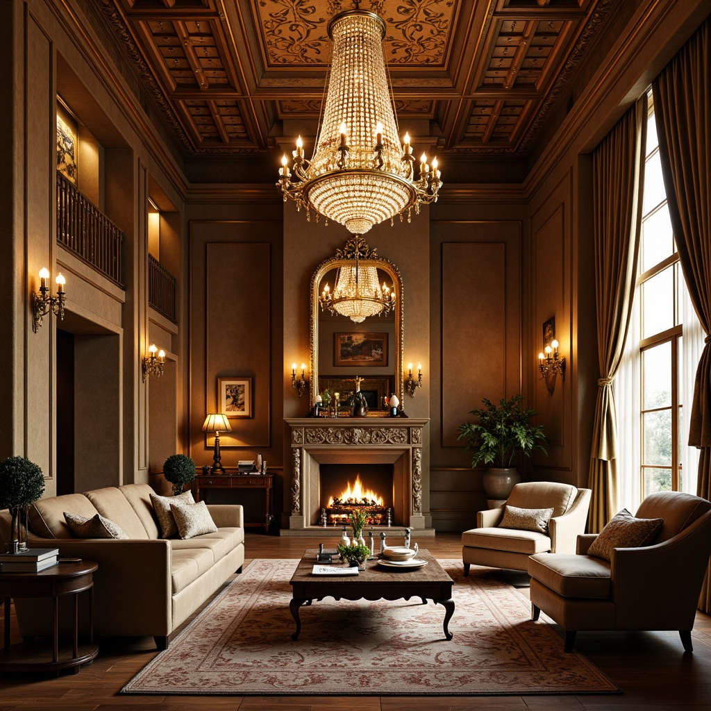 Prompt: Elegant living room, luxurious furniture, crystal chandeliers, ornate metal fixtures, warm golden lighting, soft ambient glow, dramatic ceiling heights, lavish textiles, rich wood tones, sophisticated color palette, refined architectural details, classic interior design, grandiose scale, opulent decor, majestic atmosphere, 1/1 composition, high contrast ratio, sharp highlights.