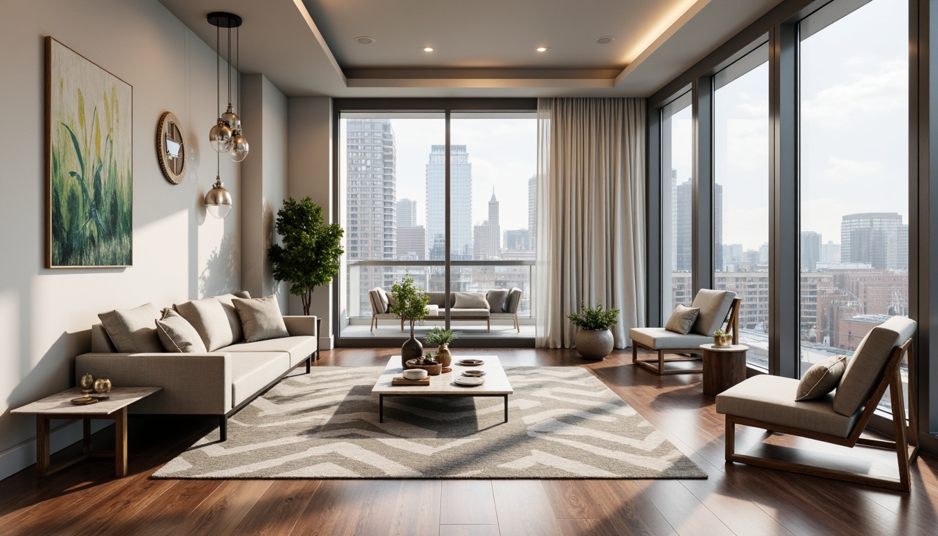 Prompt: Modern apartment, sleek lines, minimalist decor, neutral color palette, polished wood floors, floor-to-ceiling windows, urban cityscape views, contemporary furniture pieces, low-profile sofas, geometric-patterned rugs, industrial-chic coffee tables, metallic accents, pendant lighting fixtures, greenery wall art, natural textiles, Scandinavian-inspired armchairs, marble-topped side tables, abstract artwork, warm ambient lighting, shallow depth of field, 1/1 composition, realistic materials, subtle color grading.