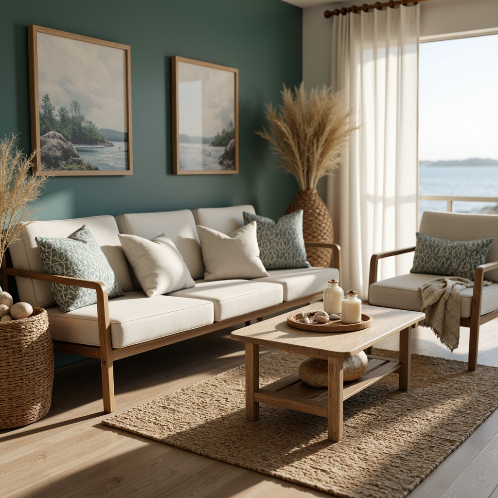 Prompt: Driftwood furniture, ocean-inspired color palette, sea-salt scented candles, woven jute rugs, natural fiber textiles, coral patterned accents, distressed wood finishes, shell-adorned decorative pieces, beachy vibes, calming ambiance, soft warm lighting, shallow depth of field, 1/1 composition, realistic textures, ambient occlusion, serene atmosphere.