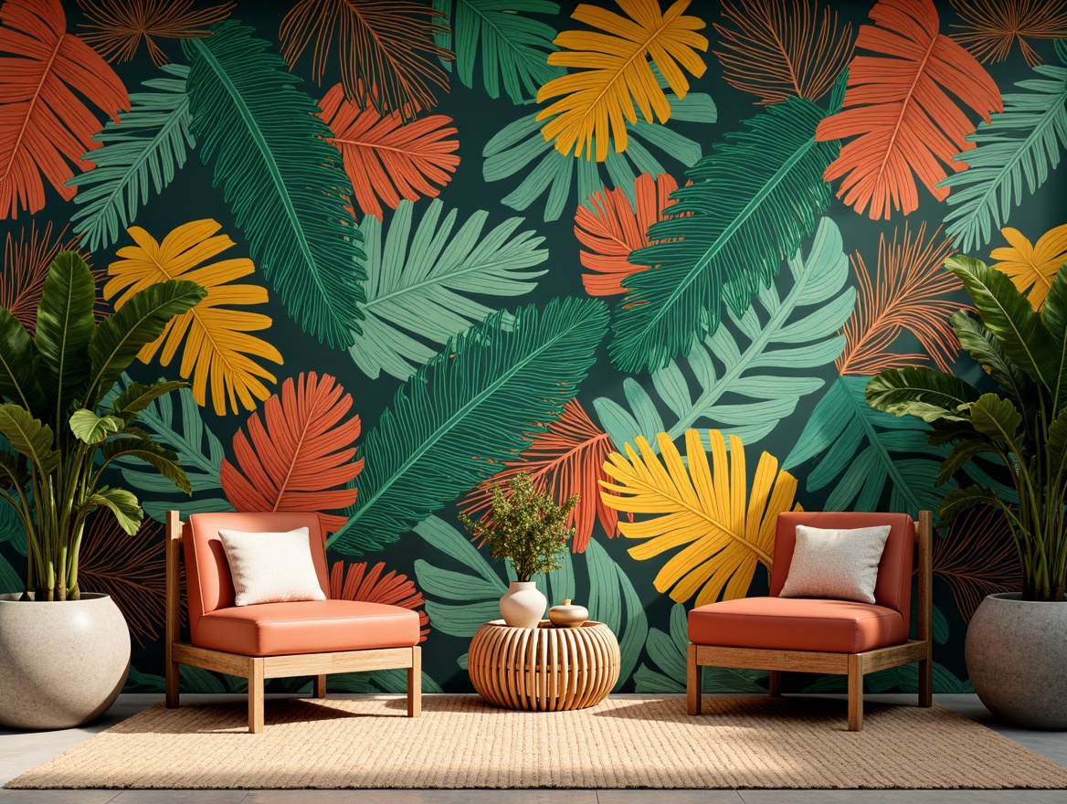 Prompt: Vibrant tropical accent wall, bold colorful pattern, exotic palm fronds, lush greenery, natural woven fibers, rattan textures, warm wooden tones, earthy terracotta hues, coral-inspired shapes, ocean breeze, sunny day, soft warm lighting, shallow depth of field, 3/4 composition, panoramic view, realistic textures, ambient occlusion.