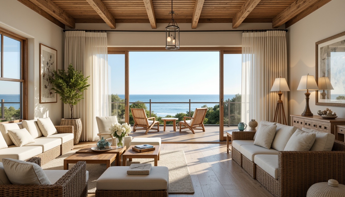 Prompt: Coastal living room, soft warm lighting, beachy ambiance, calming ocean views, natural textures, woven rattan furniture, driftwood accents, sea-glass vases, shells decorations, creamy whites, blues and greens color palette, sheer curtains, floor-to-ceiling windows, sliding glass doors, outdoor seating area, lantern-style pendant lights, table lamps with nautical rope details, warm beige walls, polished wood floors, soft plush area rugs, 1/1 composition, realistic renderings, ambient occlusion.