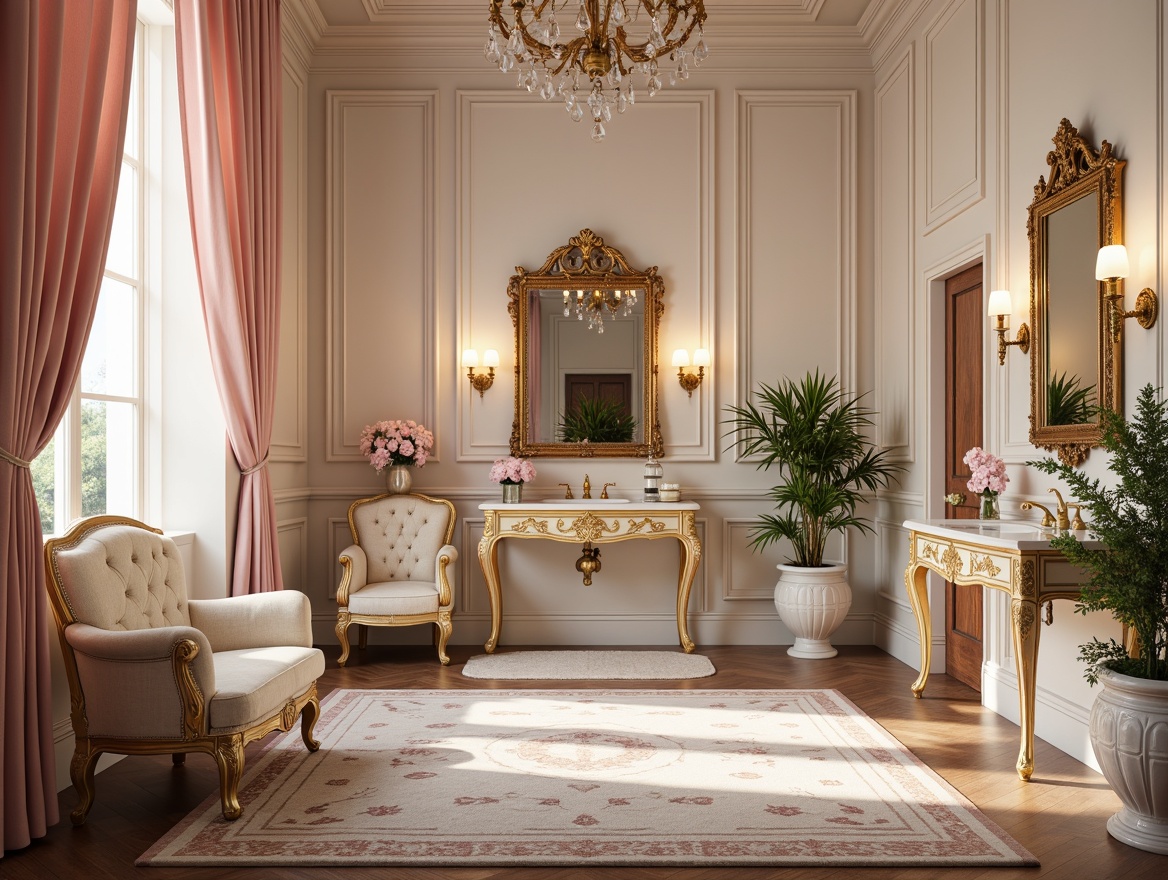 Prompt: Opulent powder room, lavish furnishings, ornate mirrors, gilded frames, velvet drapes, soft pastel hues, pale pink accents, creamy whites, rich gold tones, luxurious textures, intricate patterns, baroque details, delicate florals, romantic ambiance, warm candlelight, shallow depth of field, 1/1 composition, realistic reflections, ambient occlusion.