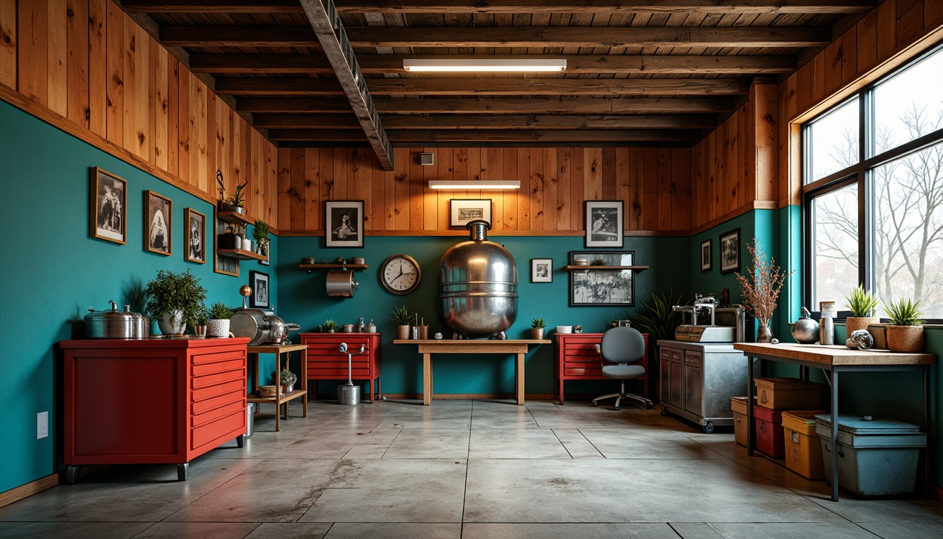 Prompt: Rustic garage interior, warm earthy tones, rich wood accents, metal toolboxes, sleek machinery, industrial lighting, concrete floors, bold color blocking, vibrant turquoise, deep crimson, weathered copper, distressed finishes, urban industrial atmosphere, high contrast ratios, dramatic shadows, 3/4 composition, realistic textures.