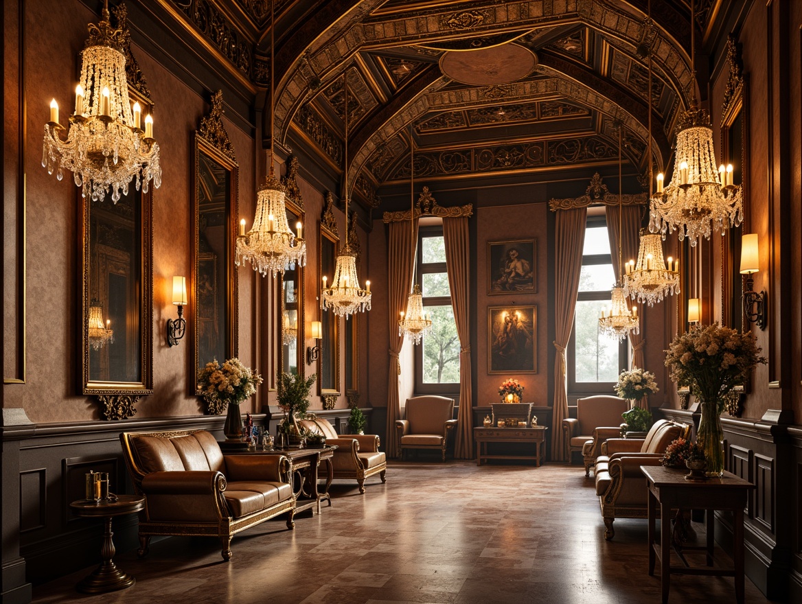 Prompt: Ornate chandeliers, crystal droplets, gilded metalwork, intricate carvings, soft warm glow, luxurious fabrics, velvet drapes, golden accents, Baroque-inspired patterns, delicate lace details, ornamental mirrors, lavish furnishings, grandiose scale, high ceilings, marble floors, opulent textures, dramatic shadows, warm color palette, rich wood tones, subtle lighting contrasts, 1/2 composition, realistic reflections, ambient occlusion.