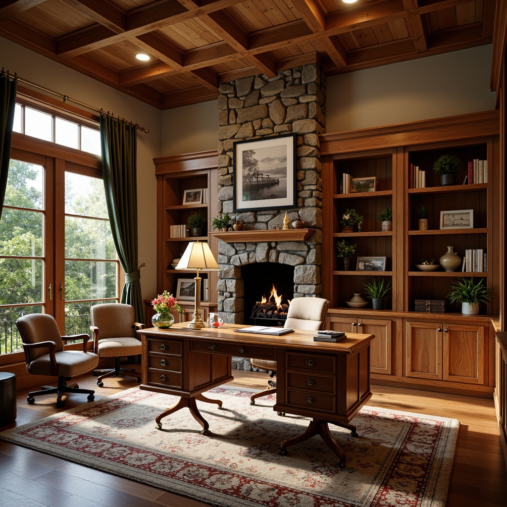 Prompt: Cozy home office, rich wood tones, warm earthy colors, wooden desk, leather office chair, wooden bookshelves, classic craftsman style, ornate wooden trim, natural stone fireplace, plush area rug, task lighting, wooden cabinets, built-in shelving units, wooden window frames, surrounding greenery, natural light pouring in, shallow depth of field, 1/1 composition, warm softbox lighting, realistic wood textures, ambient occlusion.