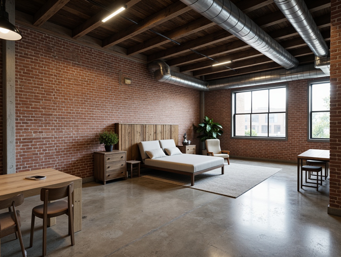 Prompt: Exposed brick walls, industrial pipes, metal beams, reclaimed wood accents, polished concrete floors, distressed wood planks, metallic epoxy coatings, high-gloss polyurethane finishes, urban loft atmosphere, modern industrial chic, minimalist decor, functional lighting fixtures, exposed ductwork, raw concrete textures, edgy architectural elements, neutral color palette, utilitarian vibe, sleek lines, functional simplicity.