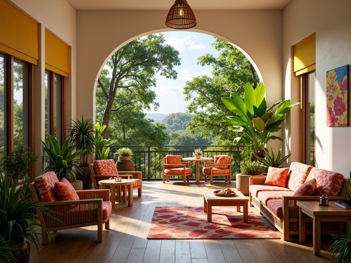 Prompt: Vibrant tropical interior, lush greenery, exotic plants, natural wood furniture, rattan chairs, woven wicker sofas, colorful patterned textiles, bright coral hues, sunny yellow accents, creamy white walls, polished wooden floors, subtle ocean breeze, warm soft lighting, 1/1 composition, intimate atmosphere, realistic textures, ambient occlusion.