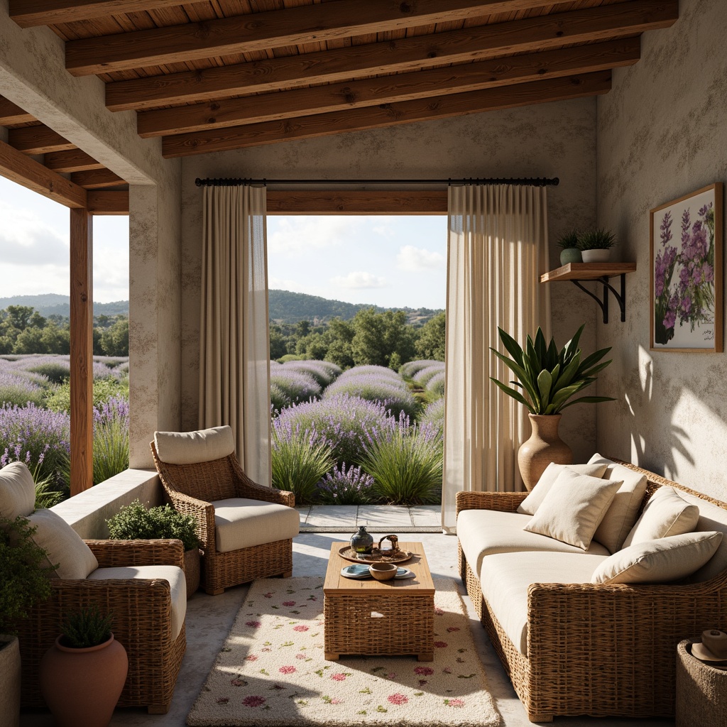 Prompt: Rustic farmhouse, distressed wood accents, soft lavender fields, vintage floral patterns, natural linen fabrics, woven wicker furniture, earthy terracotta pots, distressed stone walls, charming countryside views, warm golden lighting, shallow depth of field, 1/1 composition, realistic textures, ambient occlusion.