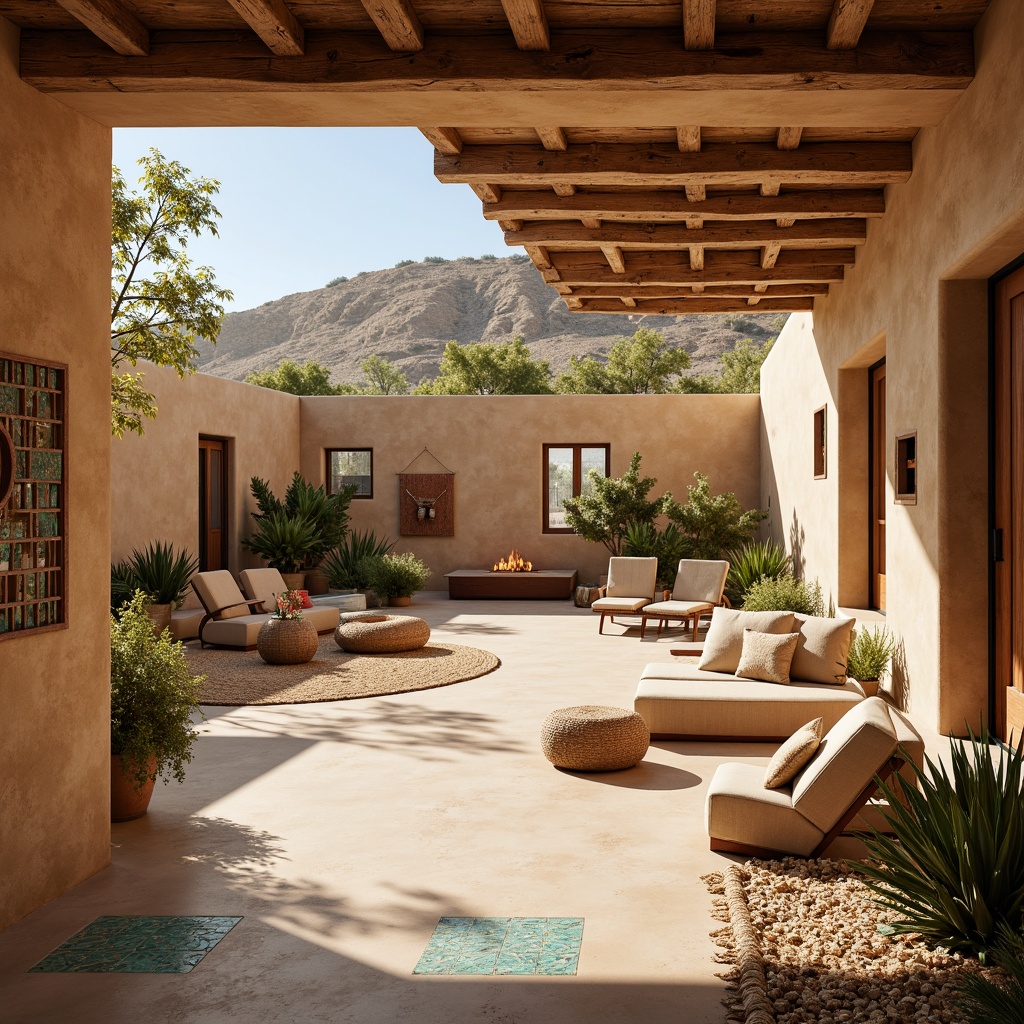 Prompt: Earthy-toned adobe walls, rustic wooden accents, vibrant turquoise patterns, warm beige floors, Saltillo tile inserts, woven jute rugs, natural fiber textiles, desert botanicals, cactus silhouettes, sandy dunes backdrop, warm sunny day, soft warm lighting, shallow depth of field, 3/4 composition, panoramic view, realistic textures, ambient occlusion, Southwestern-inspired architecture, curved lines, stucco finishes, wooden ceiling beams, cozy fire pit areas, comfortable lounge seating, regional artwork displays.