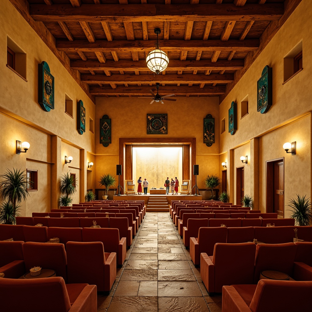 Prompt: Southwestern-style auditorium, warm beige walls, rustic wooden accents, vibrant turquoise decorations, comfortable cushioned seats, tiered seating arrangement, intimate performance space, soft warm lighting, shallow depth of field, 3/4 composition, panoramic view, realistic textures, ambient occlusion, desert-inspired color palette, natural stone floors, woven Native American patterns, earthy tones, cozy atmosphere, warm golden lighting, dramatic stage design, professional sound systems.