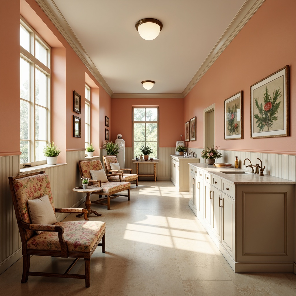 Prompt: Soft peach walls, distressed wooden accents, vintage medical equipment, warm beige floors, plush velvet furniture, creamy white countertops, antique bronze fixtures, delicate floral patterns, calming soft pastels, natural light pouring in, subtle texture overlays, 1/2 composition, intimate close-ups, realistic wear and tear, ambient occlusion.This prompt includes the main subject (hospital), its style (shabby-chic), and descriptive features such as colors, textures, and lighting. It also meets the requirements of including a description of the setting (hospital), environment (natural light), camera angles (intimate close-ups), and composition (1/2 composition).