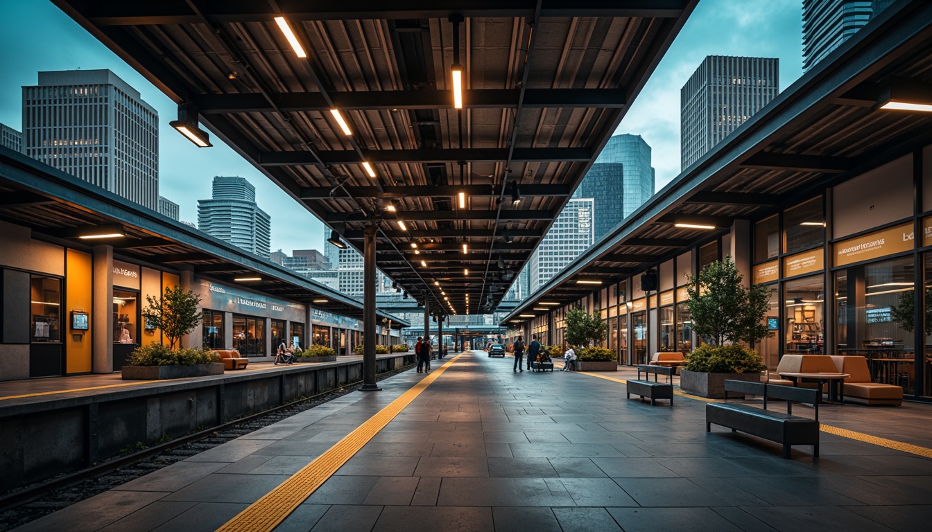 Prompt: Modernist train station, industrial architecture, steel beams, concrete platforms, minimalist decor, functional lighting, exposed ductwork, geometric shapes, primary color accents, vintage train cars, urban cityscape, overcast sky, dramatic shadows, high-contrast lighting, backlit signage, sleek metal handrails, industrial-style lamps, minimalist benches, distressed textures, cinematic atmosphere, low-angle shots, symmetrical composition, realistic reflections.