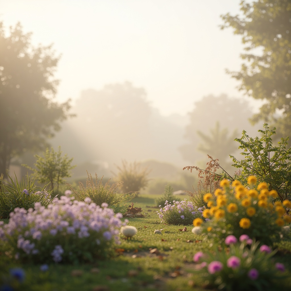 Prompt: Soft pastel hues, calming atmosphere, serene natural scenery, gentle misty morning, warm beige tones, creamy whites, pale blues, mauve accents, earthy terracotta, lush green foliage, delicate florals, subtle texture overlays, atmospheric perspective, shallow depth of field, 1/2 composition, soft focus, warm golden lighting.