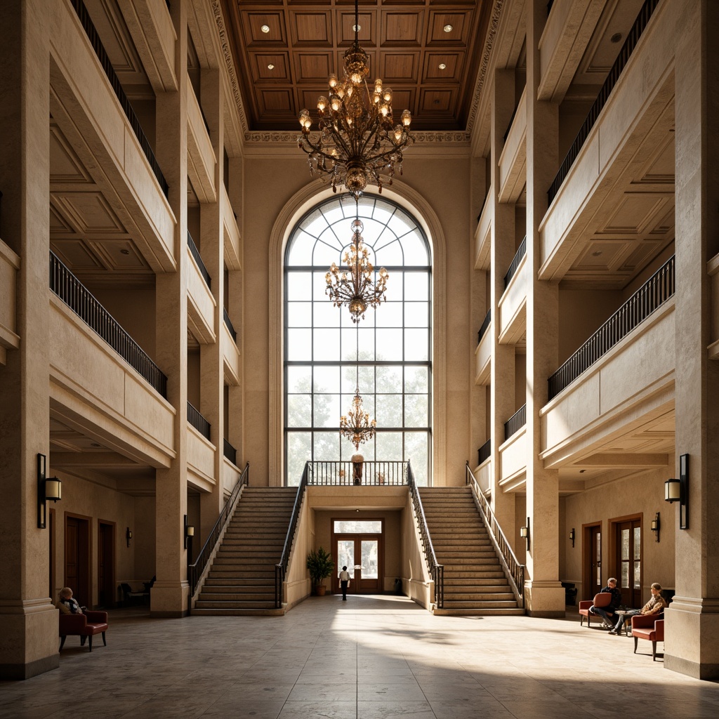 Prompt: Grand courthouse interior, high ceilings, ornate chandeliers, large windows, natural light pouring in, warm beige walls, rich wood accents, elegant columns, intricate moldings, spacious atrium, open staircase, marble floors, subtle shadows, soft warm lighting, 1/1 composition, realistic textures, ambient occlusion.