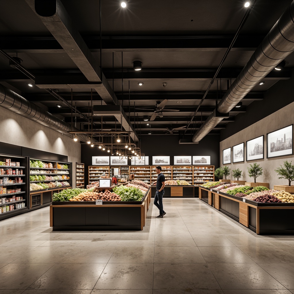 Prompt: Modern grocery store, minimalist decor, sleek shelves, industrial-style lighting fixtures, exposed ductwork, polished concrete floors, neutral color palette, subtle branding elements, recessed ceiling lights, linear suspension lamps, understated pendant lights, matte black metal finishes, warm white LED illumination, soft ambient glow, 1/1 composition, shallow depth of field, realistic textures, ambient occlusion.