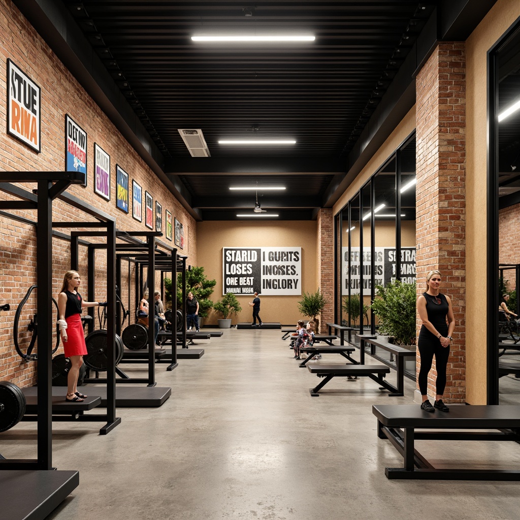 Prompt: Modern fitness center, industrial chic interior, exposed brick walls, metallic equipment, reclaimed wood accents, sleek glass partitions, vibrant color scheme, motivational quotes, urban loft atmosphere, natural stone flooring, minimalist lighting fixtures, high ceilings, open layout, mirrored walls, abstract artwork, dynamic texture combinations, bold typography, energizing ambiance, shallow depth of field, 3/4 composition, panoramic view, realistic reflections.