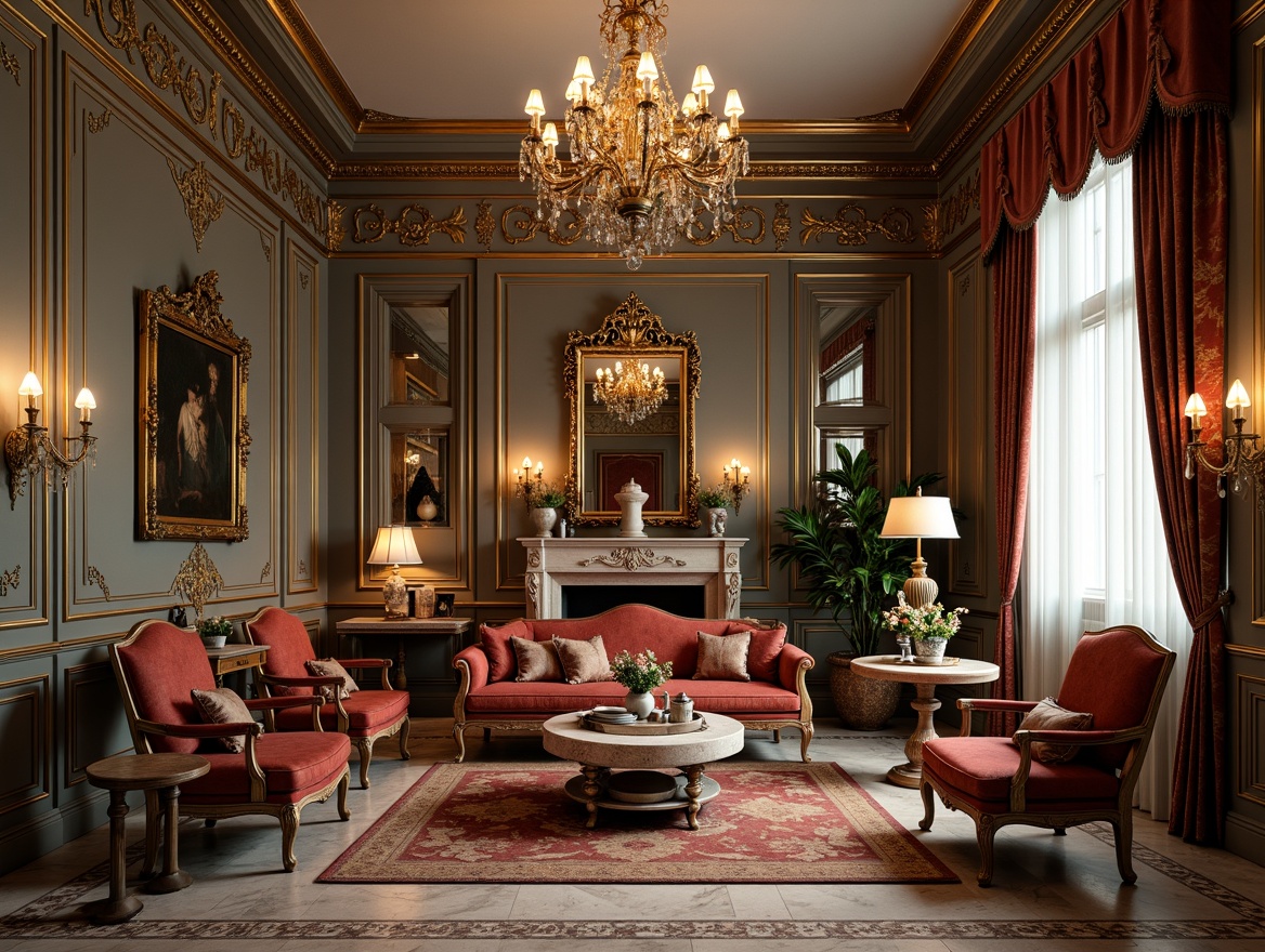 Prompt: Ornate furniture pieces, gilded accents, velvet upholstery, carved wooden legs, intricate patterns, luxurious fabrics, ornamental mirrors, crystal chandeliers, marble floors, grandiose scale, opulent details, soft warm lighting, shallow depth of field, 1/2 composition, realistic textures, ambient occlusion, Rococo-inspired motifs, lavish decorative elements, rich jewel tones, elegant curves, sophisticated lines, refined classicism.