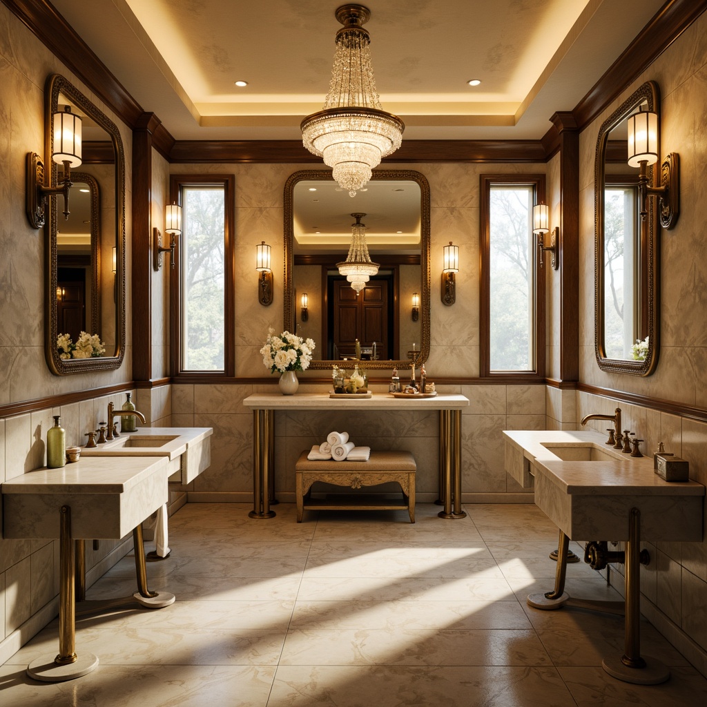 Prompt: Art Deco bathroom, hexagonal tiles, ornate mirrors, luxurious chandeliers, crystal sconces, polished chrome fixtures, marble countertops, geometric patterns, soft warm glow, warm beige tones, opulent atmosphere, subtle shadows, 1/1 composition, high contrast lighting, dramatic spotlighting, realistic reflections.