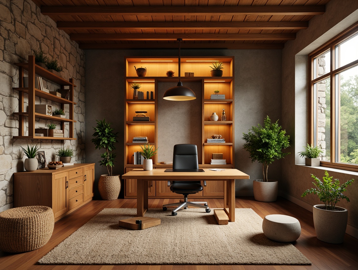 Prompt: Cozy home office, wooden desk, comfortable ergonomic chair, warm beige carpet, soft golden lighting, vintage bookshelves, rustic wood accents, plush area rug, greenery plants, natural stone walls, earthy color palette, minimalist decor, functional storage units, calm ambiance, shallow depth of field, 1/1 composition, realistic textures, ambient occlusion.