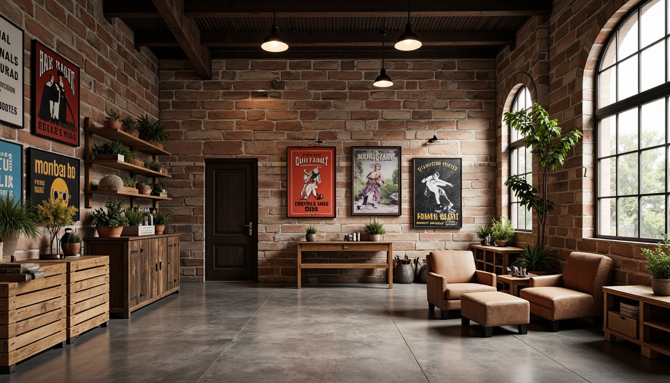 Prompt: Industrial-chic market interior, reclaimed wood accent walls, exposed brick, metal beams, polished concrete floors, rustic wooden crates, vintage advertisements, pendant lamps, distressed leather armchairs, earthy color palette, natural textiles, woven baskets, urban loft atmosphere, warm softbox lighting, 1/2 composition, shallow depth of field, realistic textures.