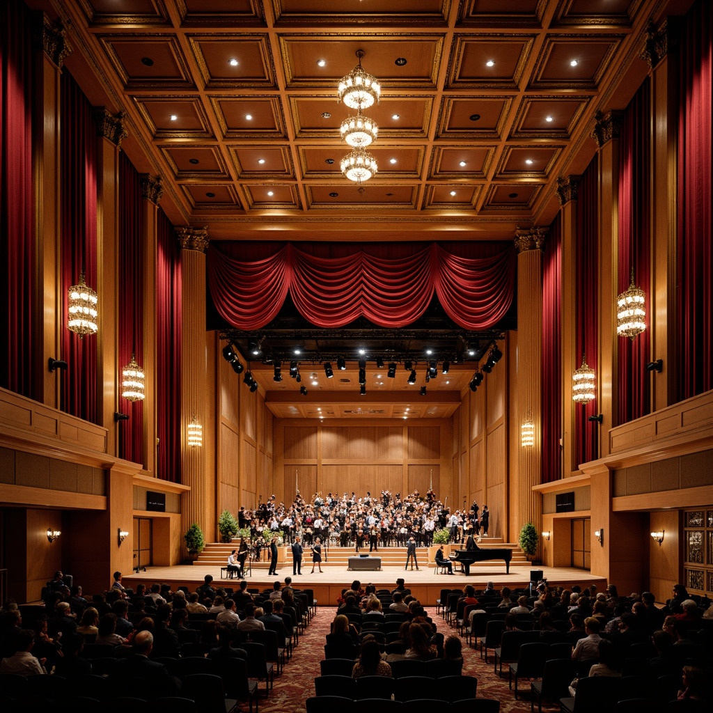 Prompt: Elegant concert hall, ornate wooden paneling, rich velvet curtains, polished brass fixtures, refined chandeliers, intimate seating areas, superior acoustic soundproofing, state-of-the-art audio equipment, advanced speaker systems, sophisticated lighting rigs, dramatic stage designs, grand pianos, strings sections, acoustic guitar performances, jazz ensembles, classical music recitals, warm atmospheric ambiance, soft golden lighting, 1/2 composition, realistic textures, ambient occlusion.