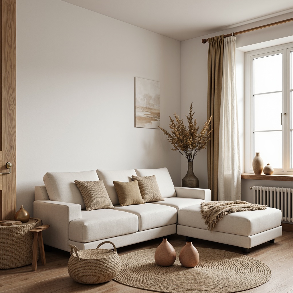 Prompt: Light-filled Nordic living room, natural wood accents, minimal ornamentation, soft woolen throws, woven baskets, rustic wooden floors, creamy white walls, earthy terracotta vases, linen upholstery, organic shapes, subtle patterns, calming color palette, warm beige tones, cozy candlelight, shallow depth of field, 1/1 composition, realistic textures, ambient occlusion.