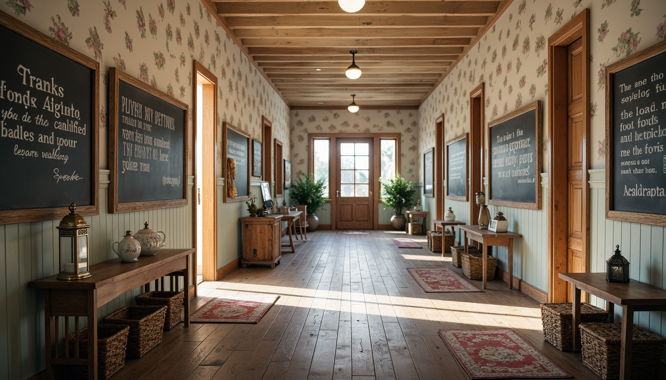 Prompt: Rustic school hallway, distressed wooden lockers, vintage-inspired blackboards, soft pastel colors, floral patterns, lace trim accents, ornate metal lanterns, natural woven baskets, chalkboard signs, inspirational quotes, aged wooden crates, cozy reading nooks, plush area rugs, warm overhead lighting, shallow depth of field, 1/2 composition, realistic textures, ambient occlusion.